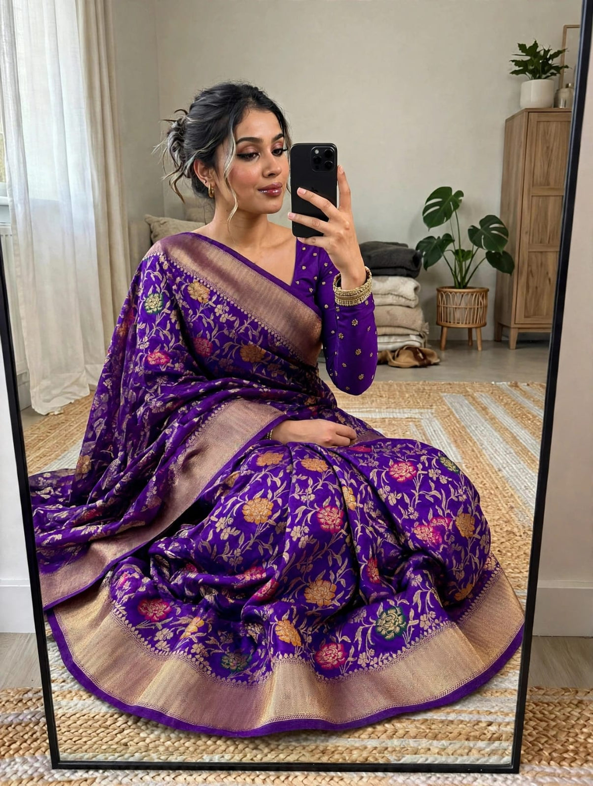 Semi Kanjivaram Jaal Floral Zari Weaving Saree
