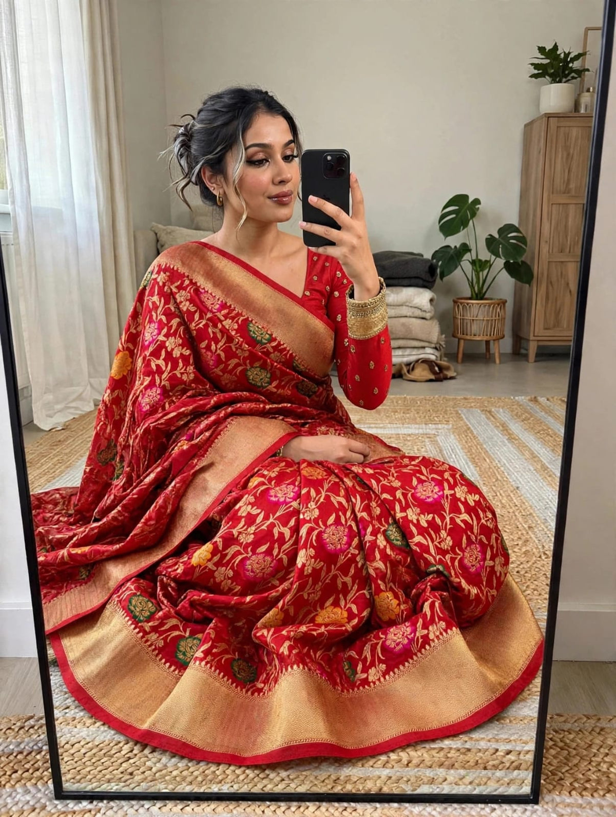 Semi Kanjivaram Jaal Floral Zari Weaving Saree