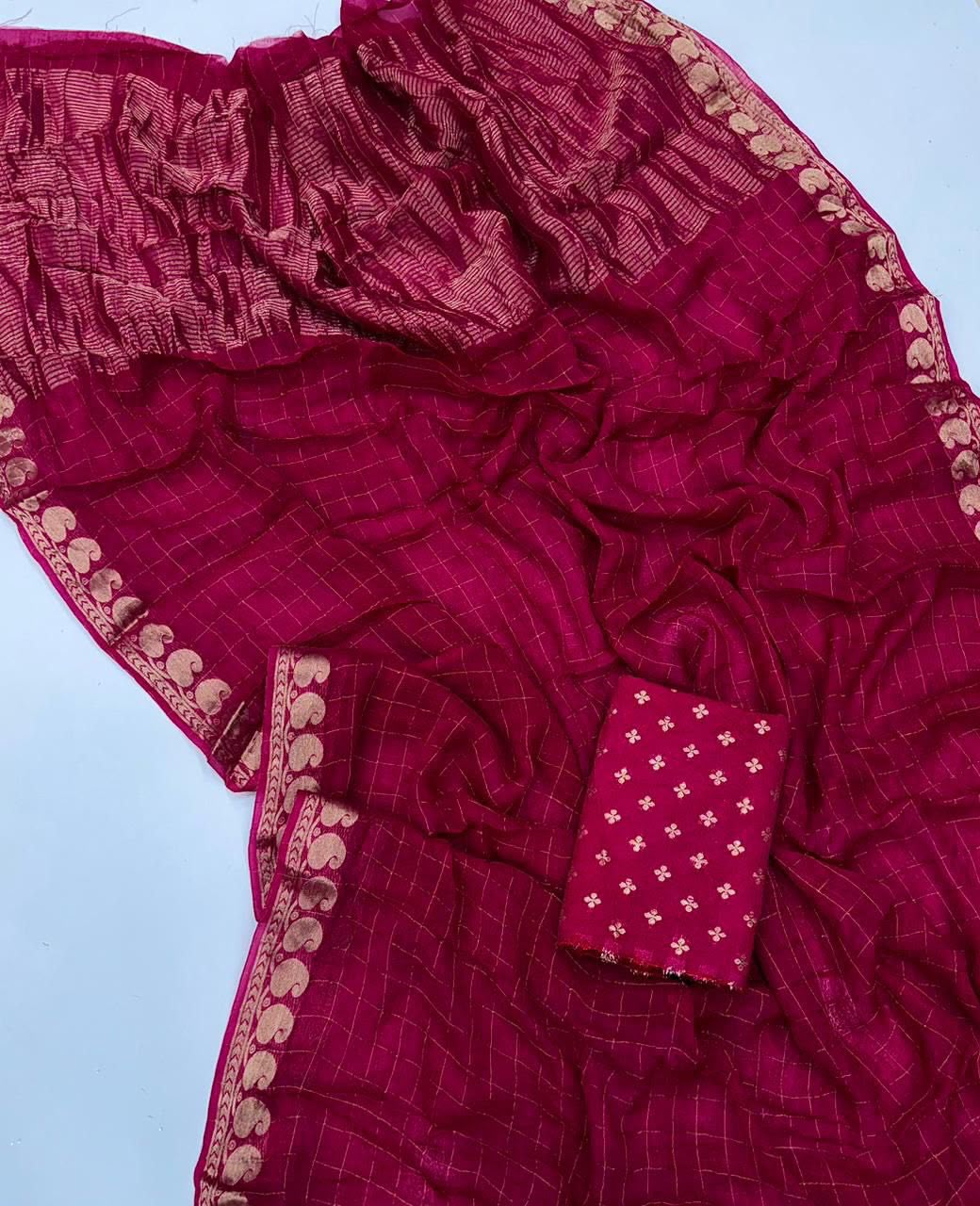 Viscose Georgette Checked Zari Saree with Viscose Zari Borders