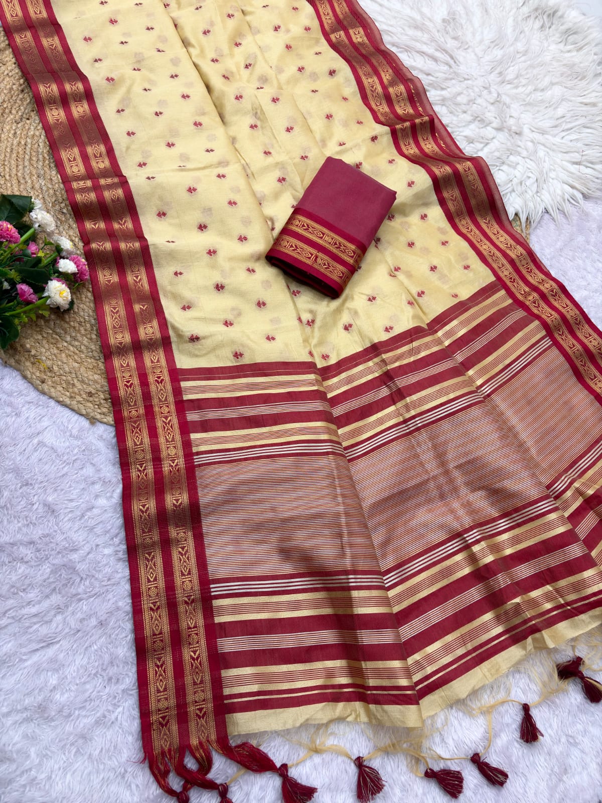 Semi Raw Silk Weaving Saree with Double Borders