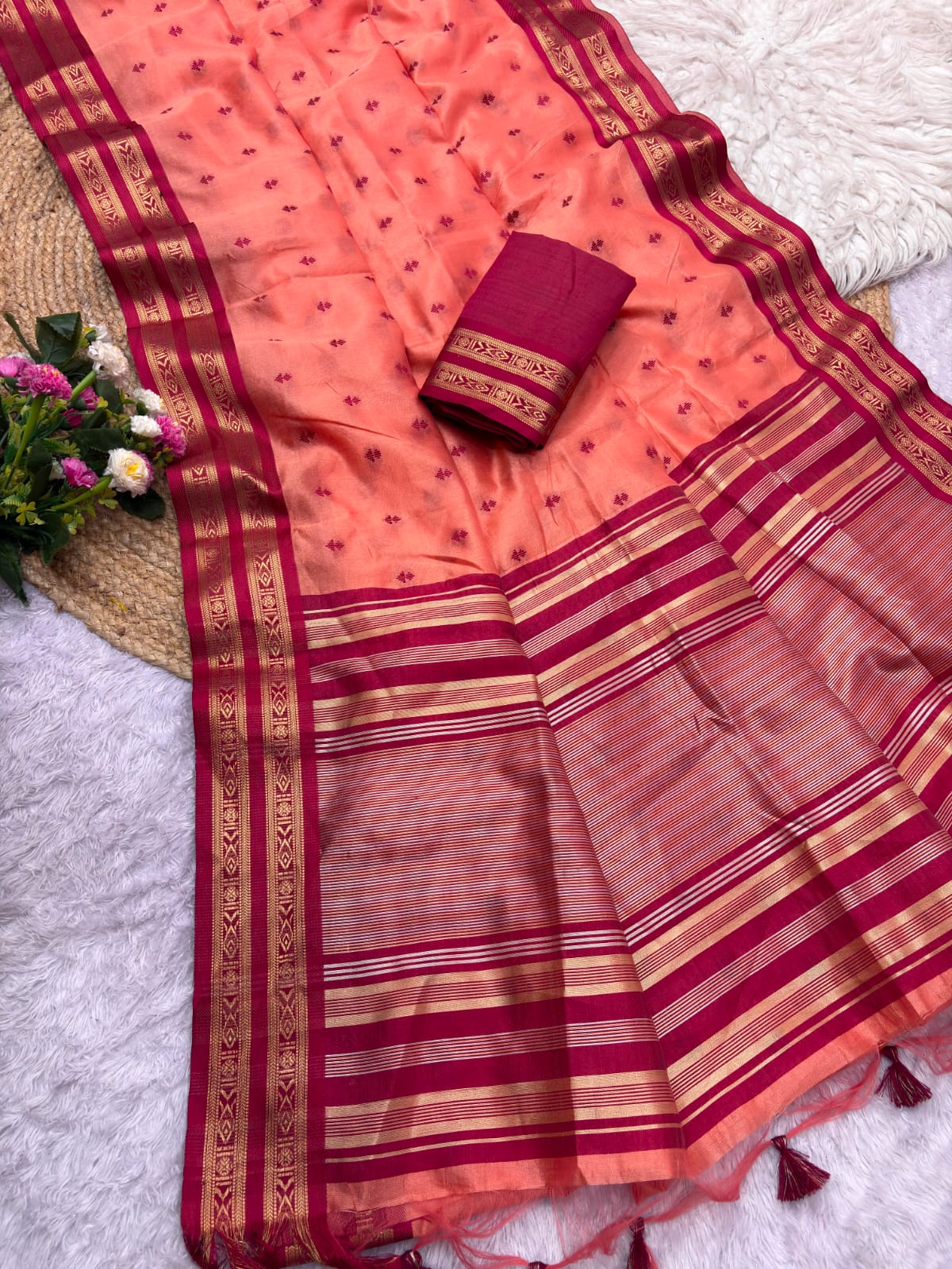 Semi Raw Silk Weaving Saree with Double Borders