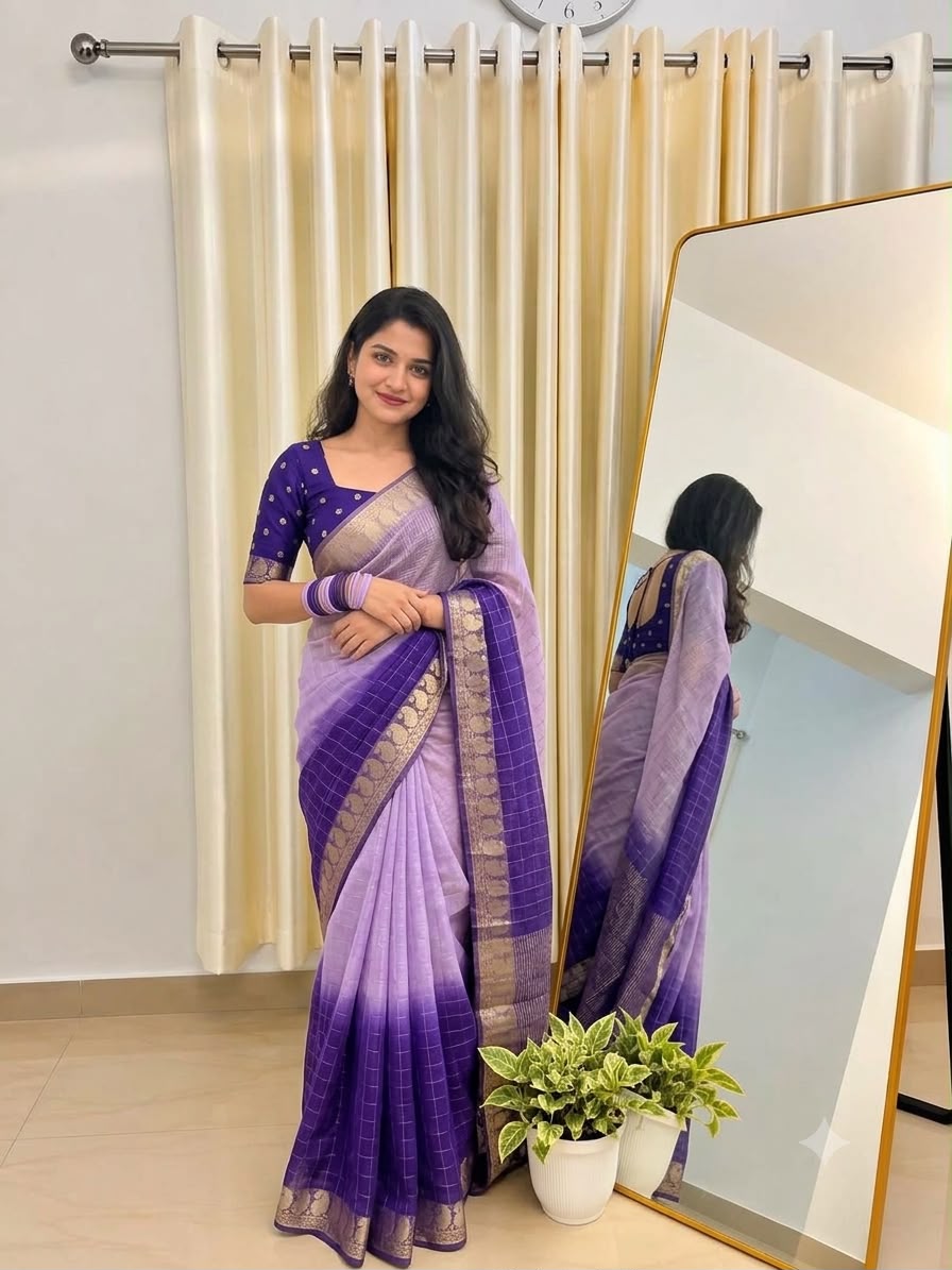 Viscose Georgette Zari Checked Saree with Viscose Zari Weaving Border