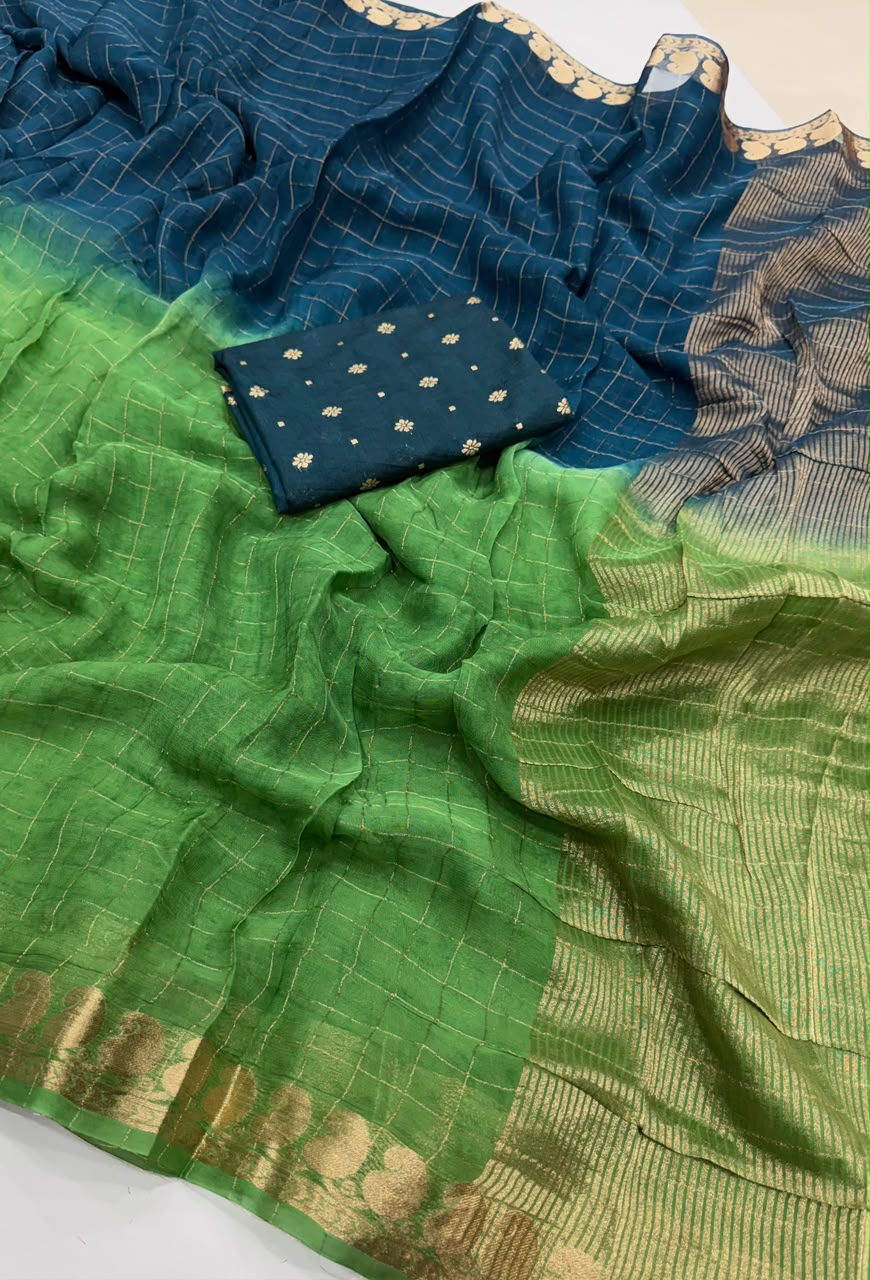 Viscose Georgette Zari Checked Saree with Viscose Zari Weaving Border