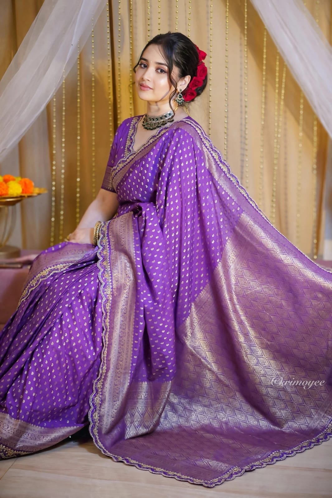 Khadi Georgette Banarasi Silk Weaving Saree with Embroidered Lace Borders
