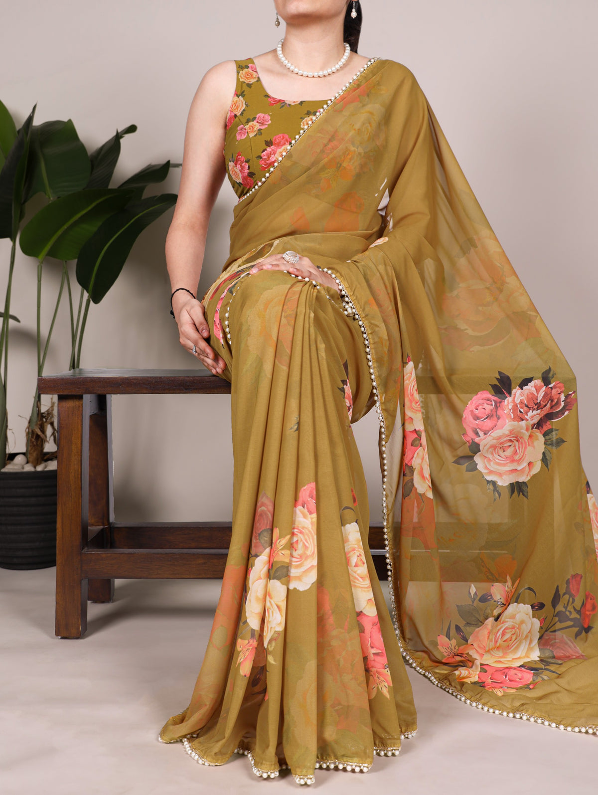 Georgette Floral Saree with Pearl Lace Borders