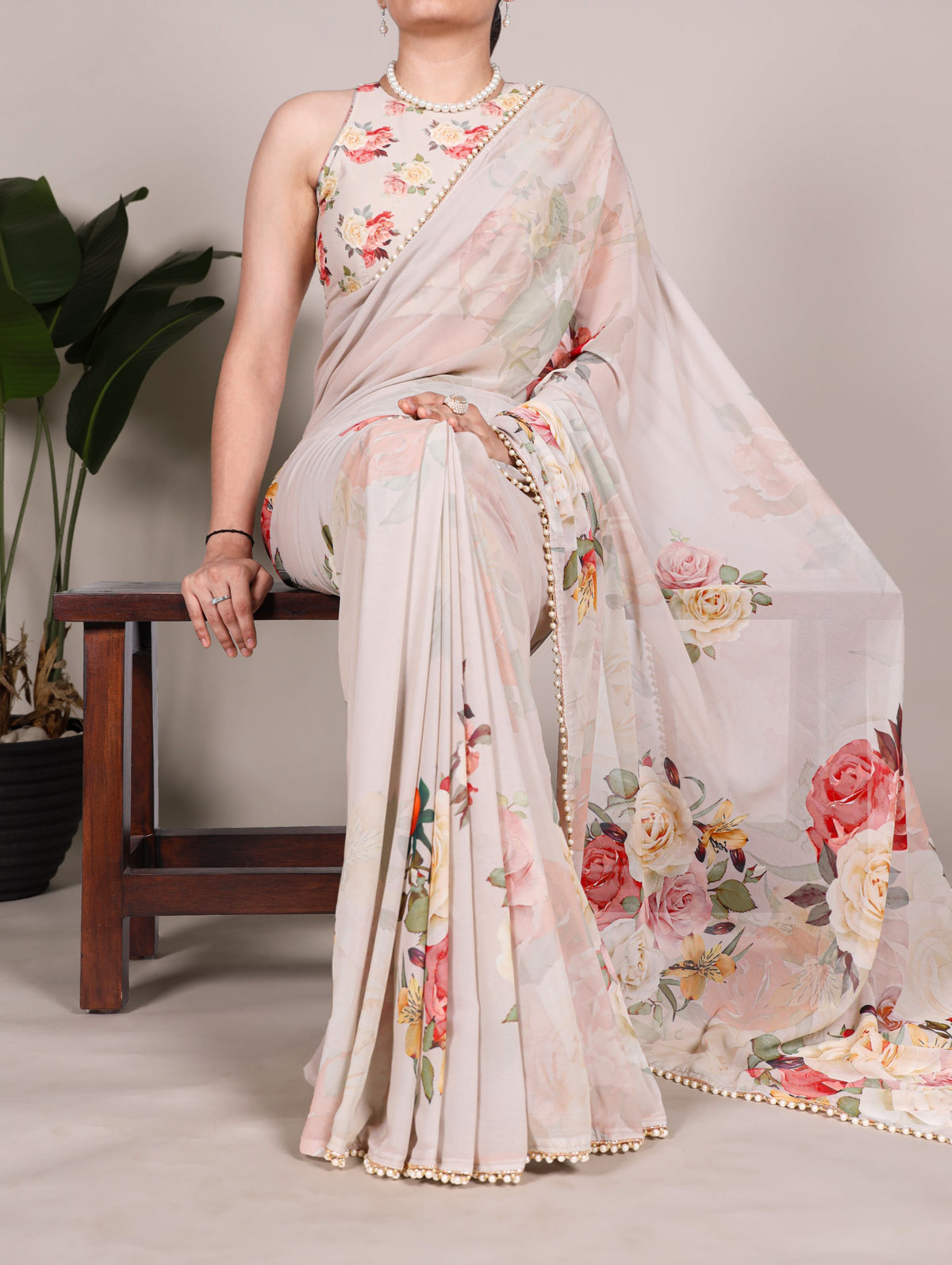 Georgette Floral Saree with Pearl Lace Borders