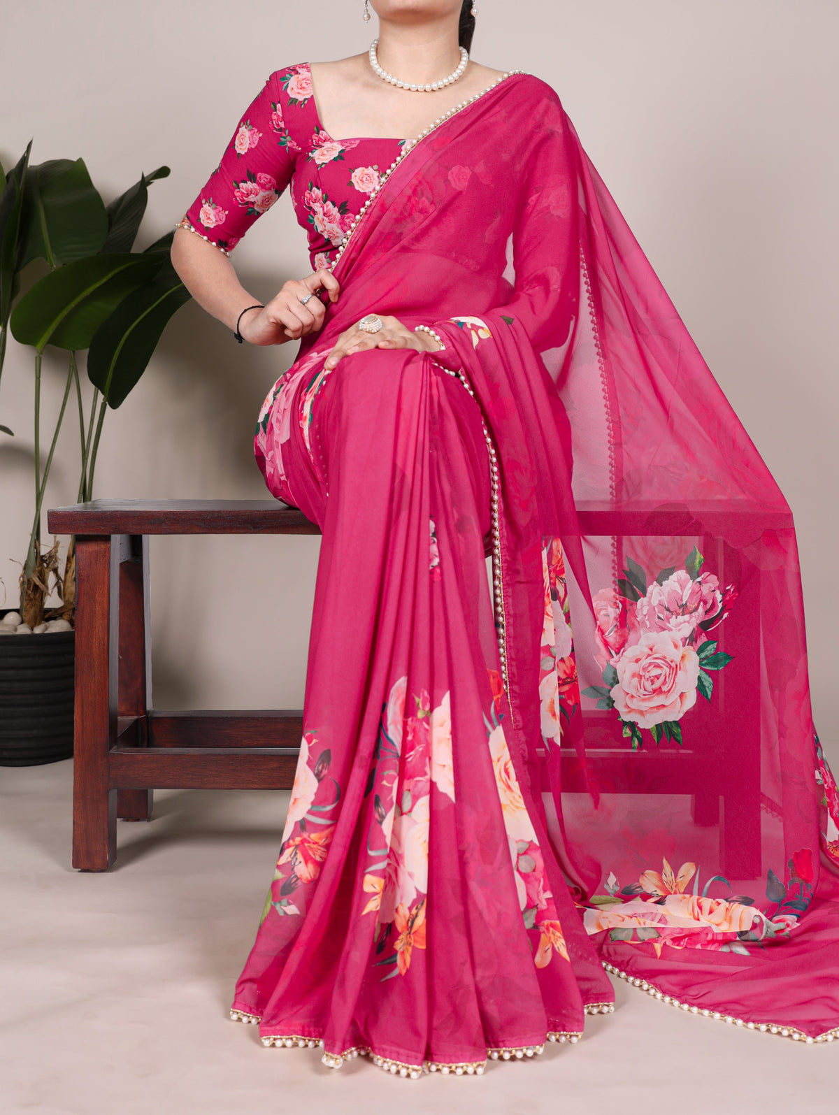 Georgette Floral Saree with Pearl Lace Borders
