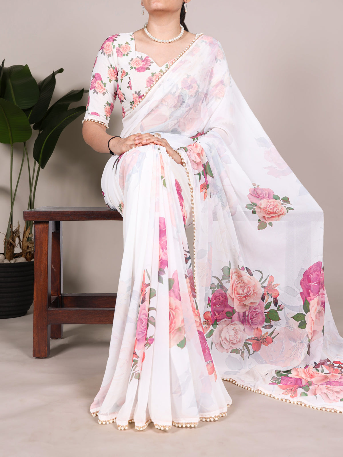 Georgette Floral Saree with Pearl Lace Borders