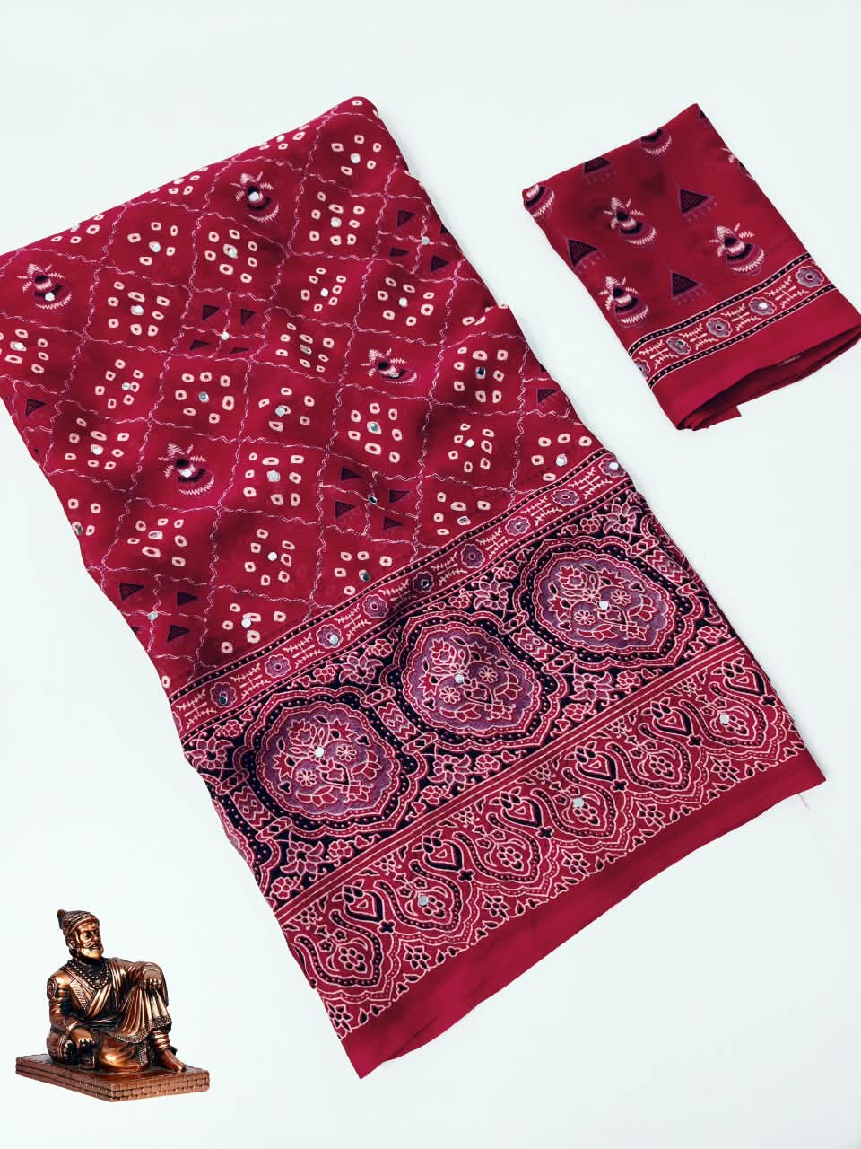 Checked Bandhani Saree with Real Mirror Work