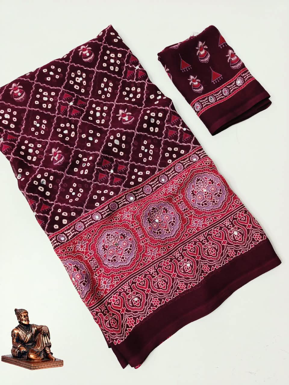 Checked Bandhani Saree with Real Mirror Work