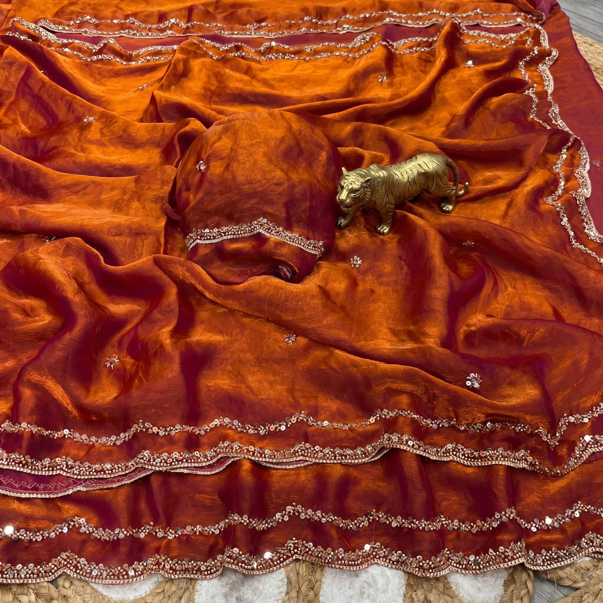 Fendy Satin Silk Saree with Sequin Embroidery & Scalloped Borders