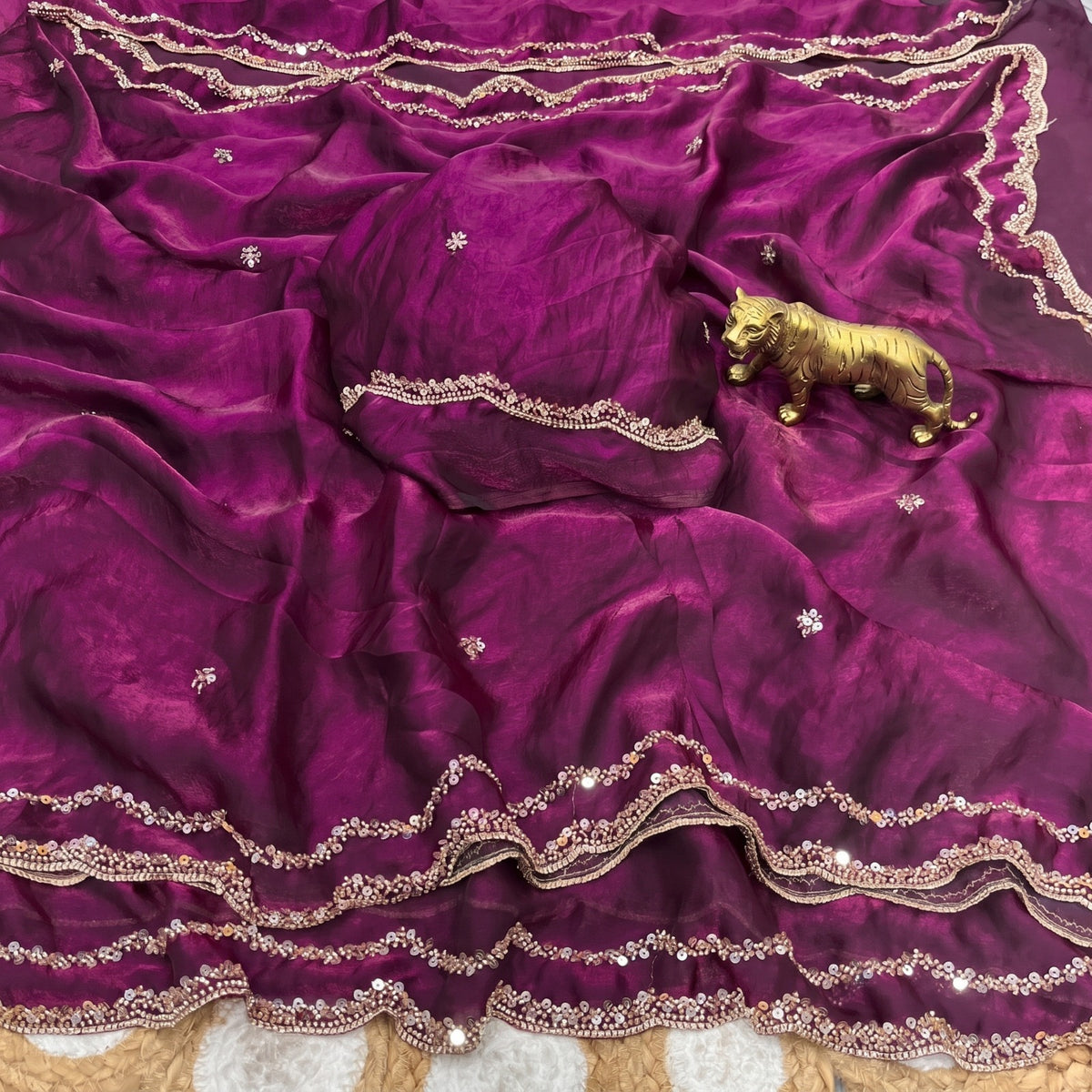 Fendy Satin Silk Saree with Sequin Embroidery & Scalloped Borders