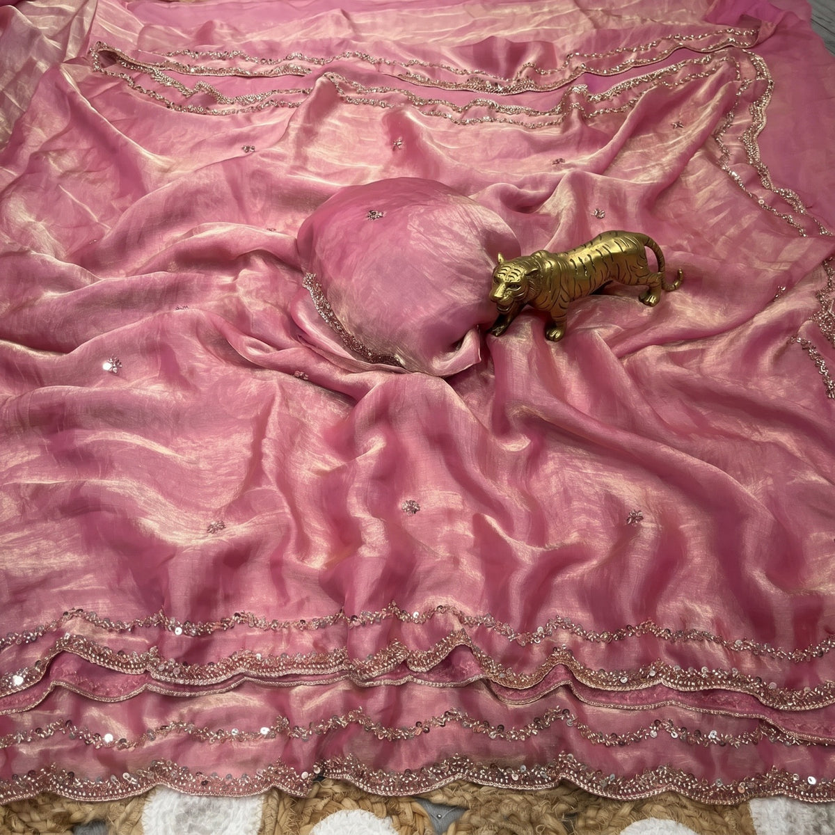 Fendy Satin Silk Saree with Sequin Embroidery & Scalloped Borders