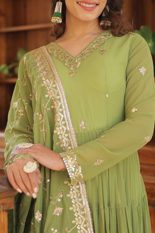 Georgette Sequin Embroidered Flared & Frilled Suit