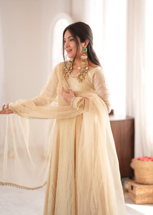 Readymade Crunchy Silk Flared Suit with Real Mirror Lace Border
