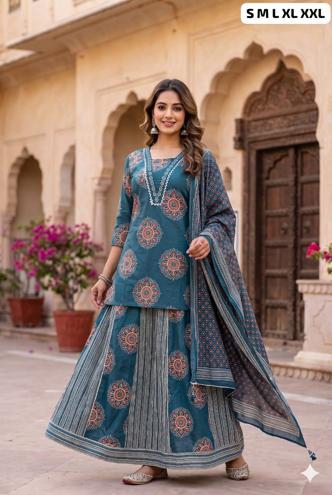 Readymade Cotton Kurti, Skirt & Dupatta Set