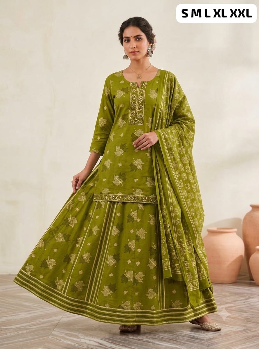 Readymade Cotton Kurti, Skirt & Dupatta Set