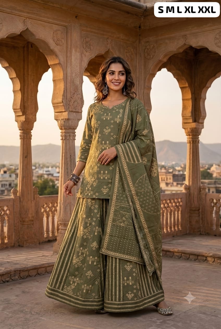 Readymade Cotton Kurti, Skirt & Dupatta Set