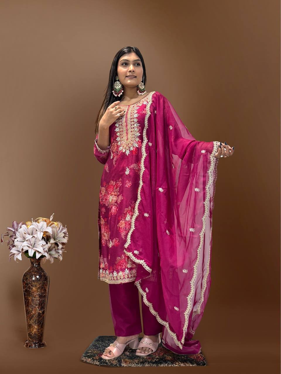 Kundan Organza Floral Suit with Sequin Embroidery