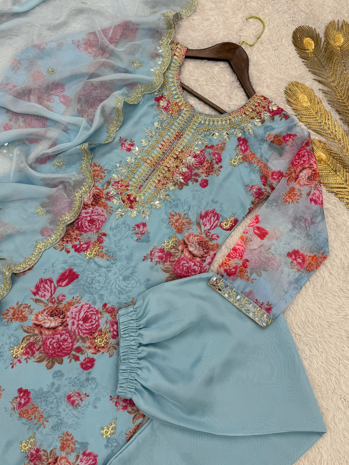 Kundan Organza Floral Suit with Sequin Embroidery