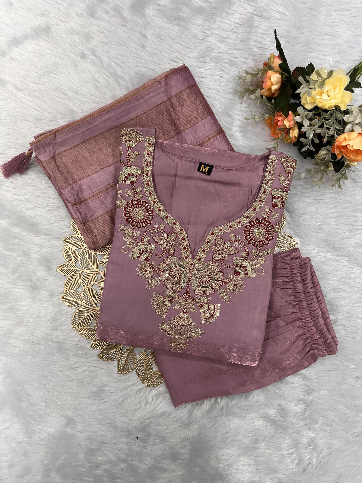 Readymade Roman Silk Sequin Embroidered Suit with Chanderi Silk Dupatta