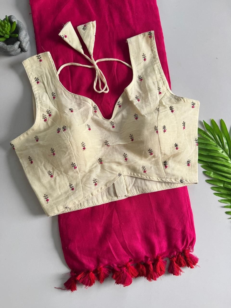 Khadi Cotton Plain Saree with Embroidered Readymade Blouse