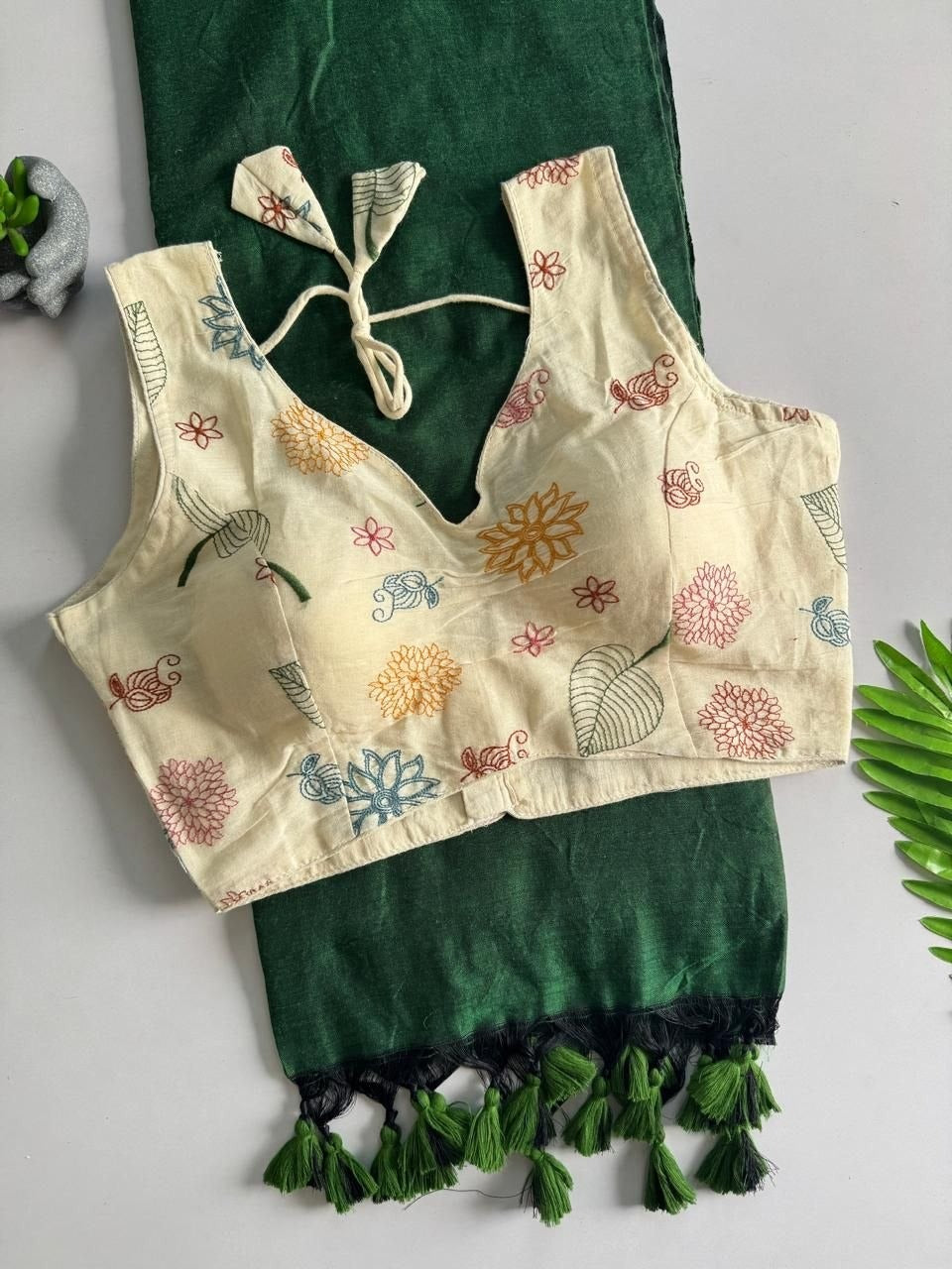 Khadi Cotton Plain Saree with Embroidered Readymade Blouse