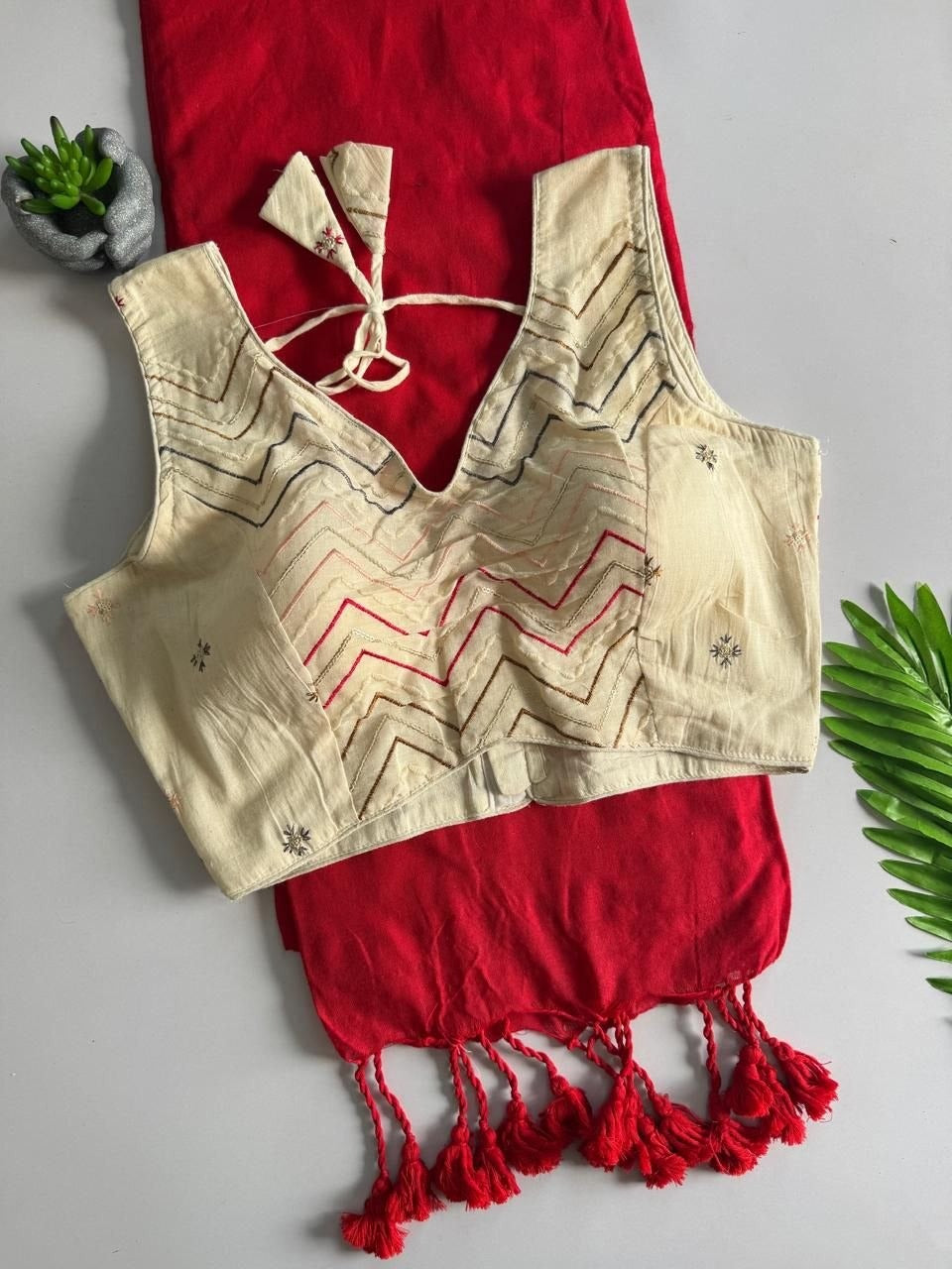 Khadi Cotton Plain Saree with Embroidered Readymade Blouse