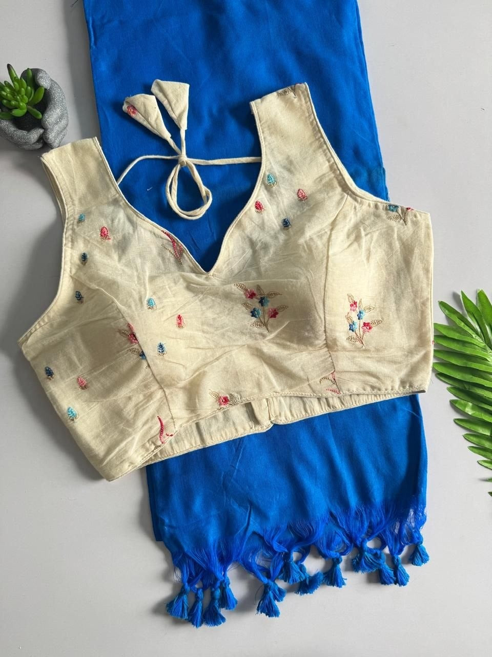 Khadi Cotton Plain Saree with Embroidered Readymade Blouse