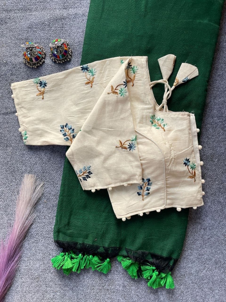 Khadi Cotton Plain Saree with Embroidered Readymade Blouse