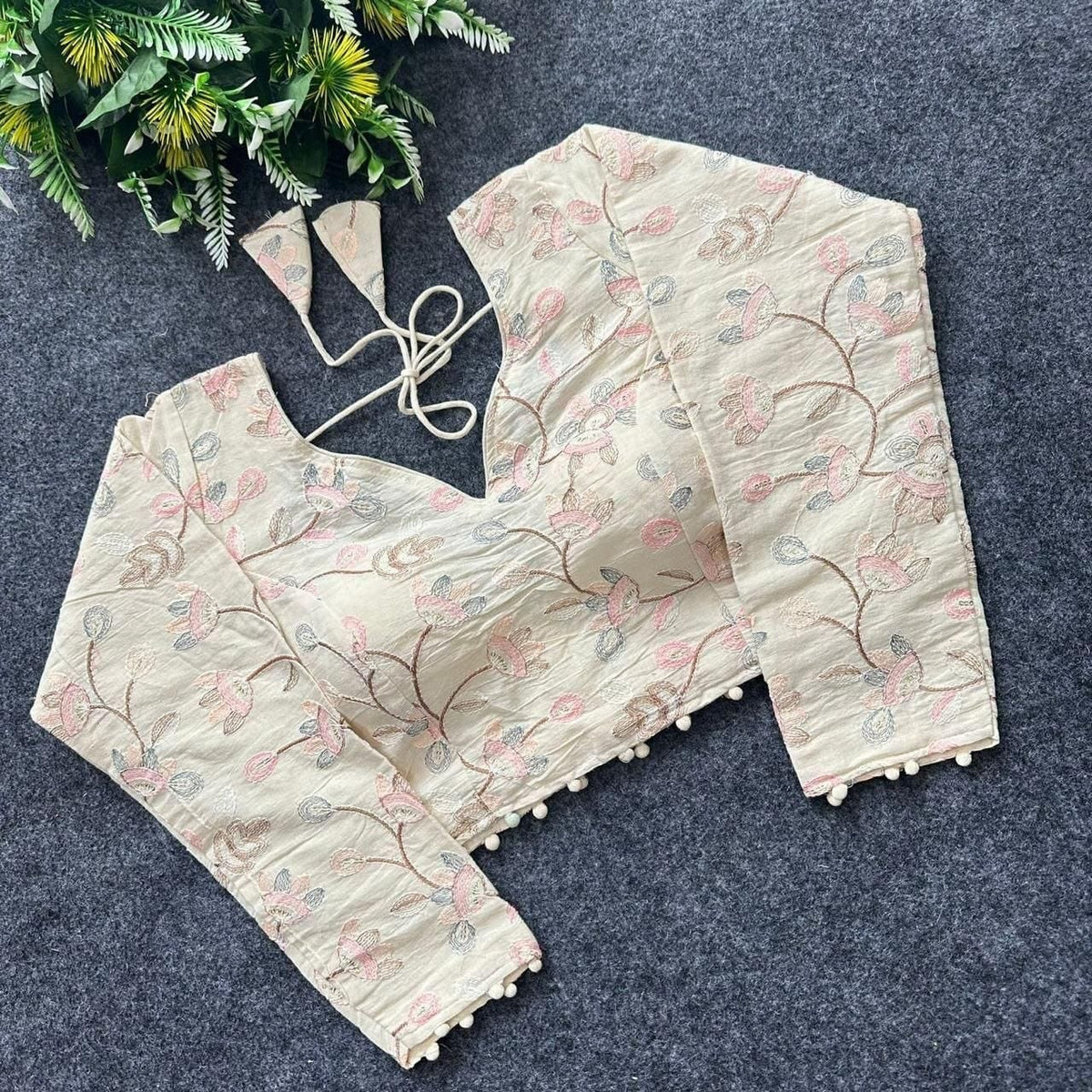 Khadi Cotton Embroidered Readymade Long Sleeve Blouse