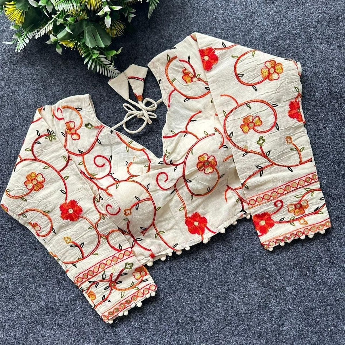 Khadi Cotton Embroidered Readymade Long Sleeve Blouse