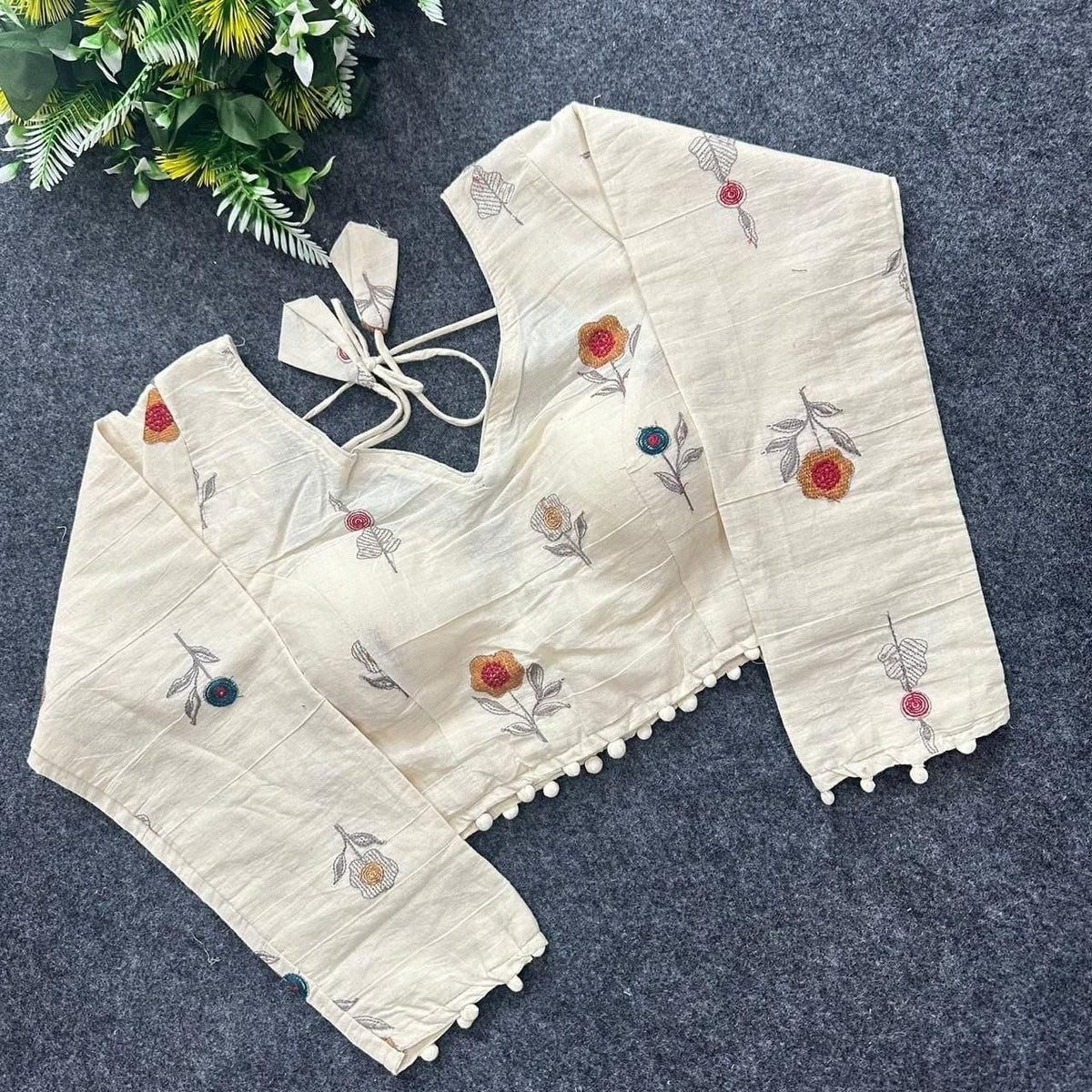 Khadi Cotton Embroidered Readymade Long Sleeve Blouse