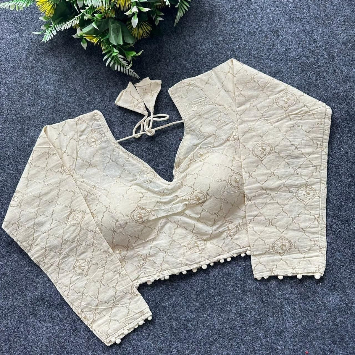 Khadi Cotton Embroidered Readymade Long Sleeve Blouse