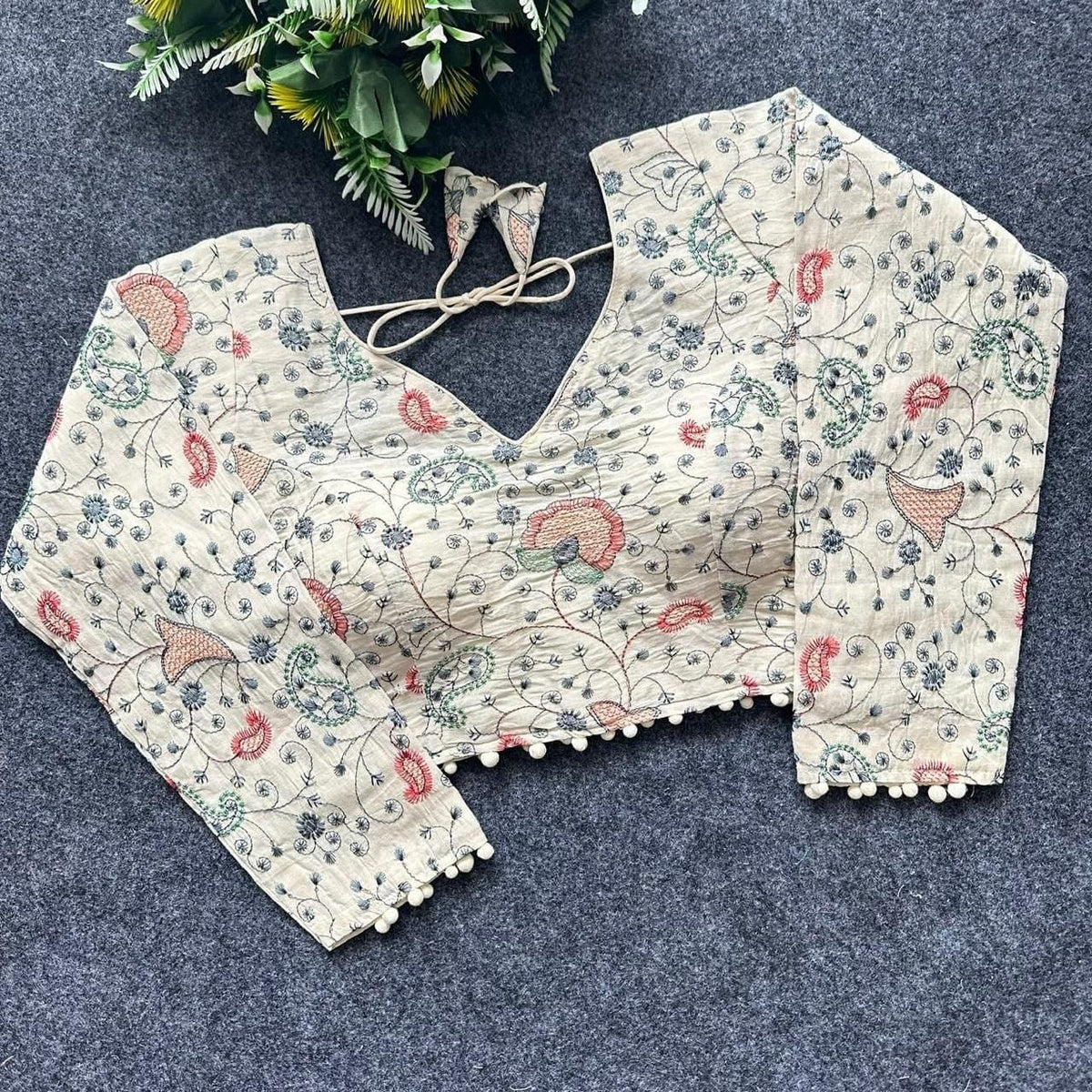 Khadi Cotton Embroidered Readymade Long Sleeve Blouse