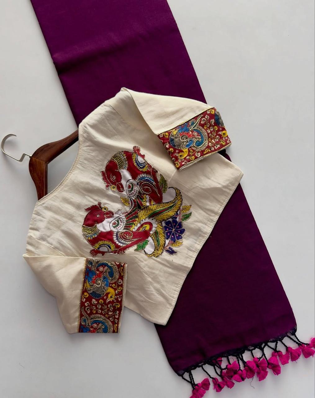Khadi Cotton Plain Saree with Digital Print & Appliqué Work Readymade Blouse