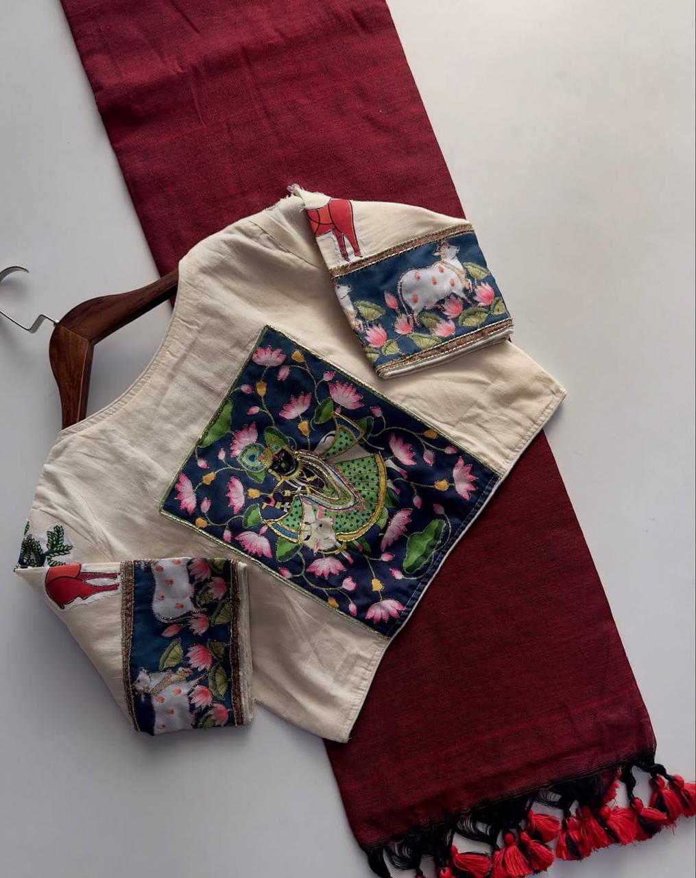 Khadi Cotton Plain Saree with Digital Print & Appliqué Work Readymade Blouse