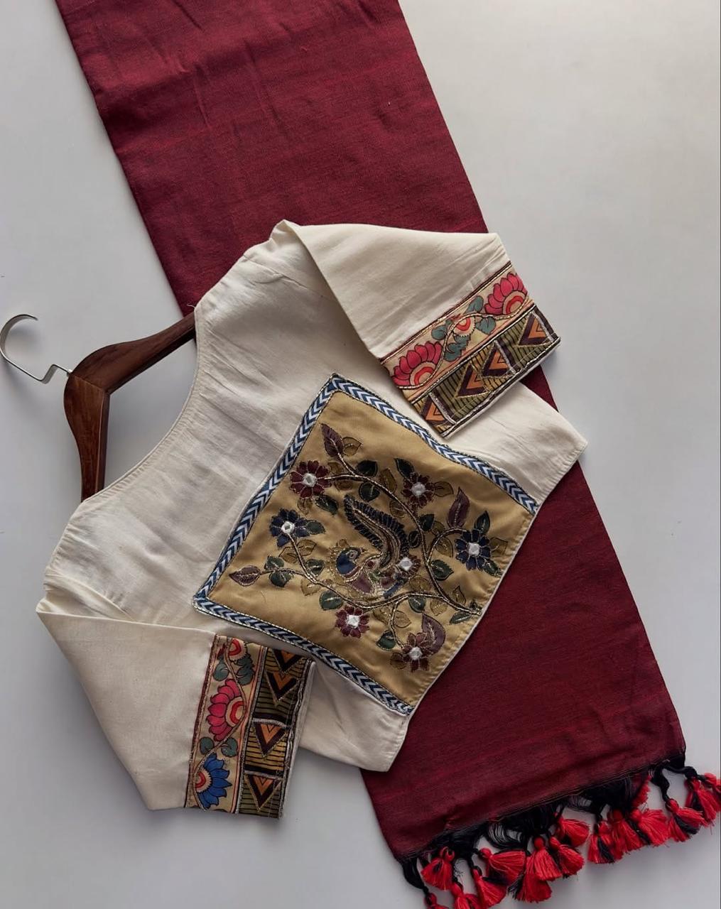 Khadi Cotton Plain Saree with Digital Print & Appliqué Work Readymade Blouse
