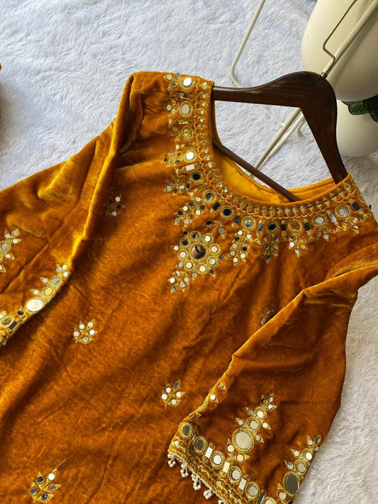 Velvet Real Mirror Work Suit Set - MUSTARD YELLOW