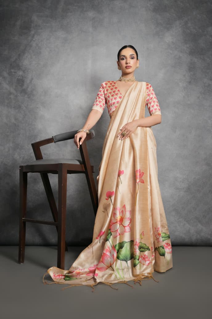 Semi Tussar Silk Floral Saree with Printed Running Blouse – 75 AED