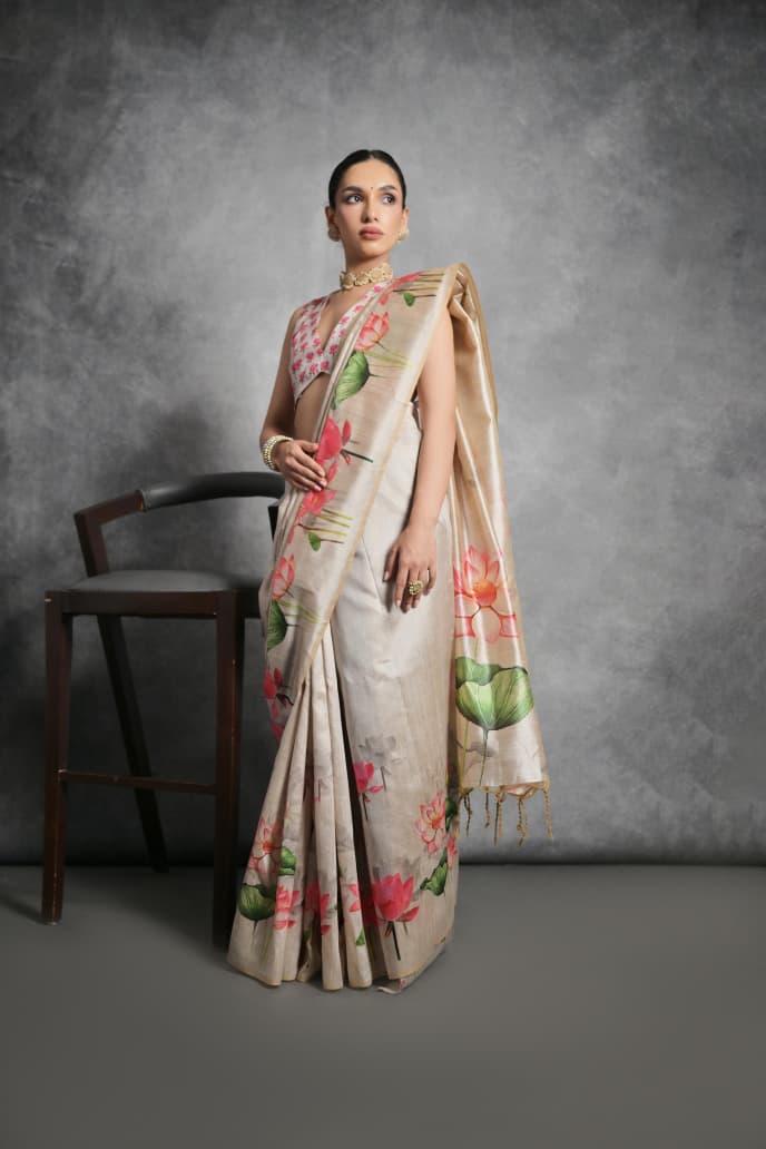 Semi Tussar Silk Floral Saree with Printed Running Blouse – 75 AED