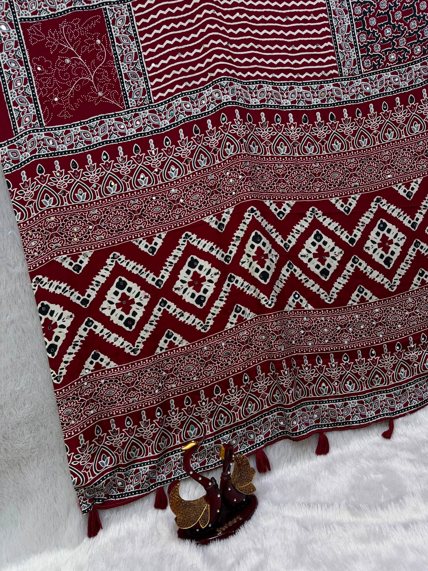 Ajrakh Crepe Silk Real Mirror Work Saree – 99 AED