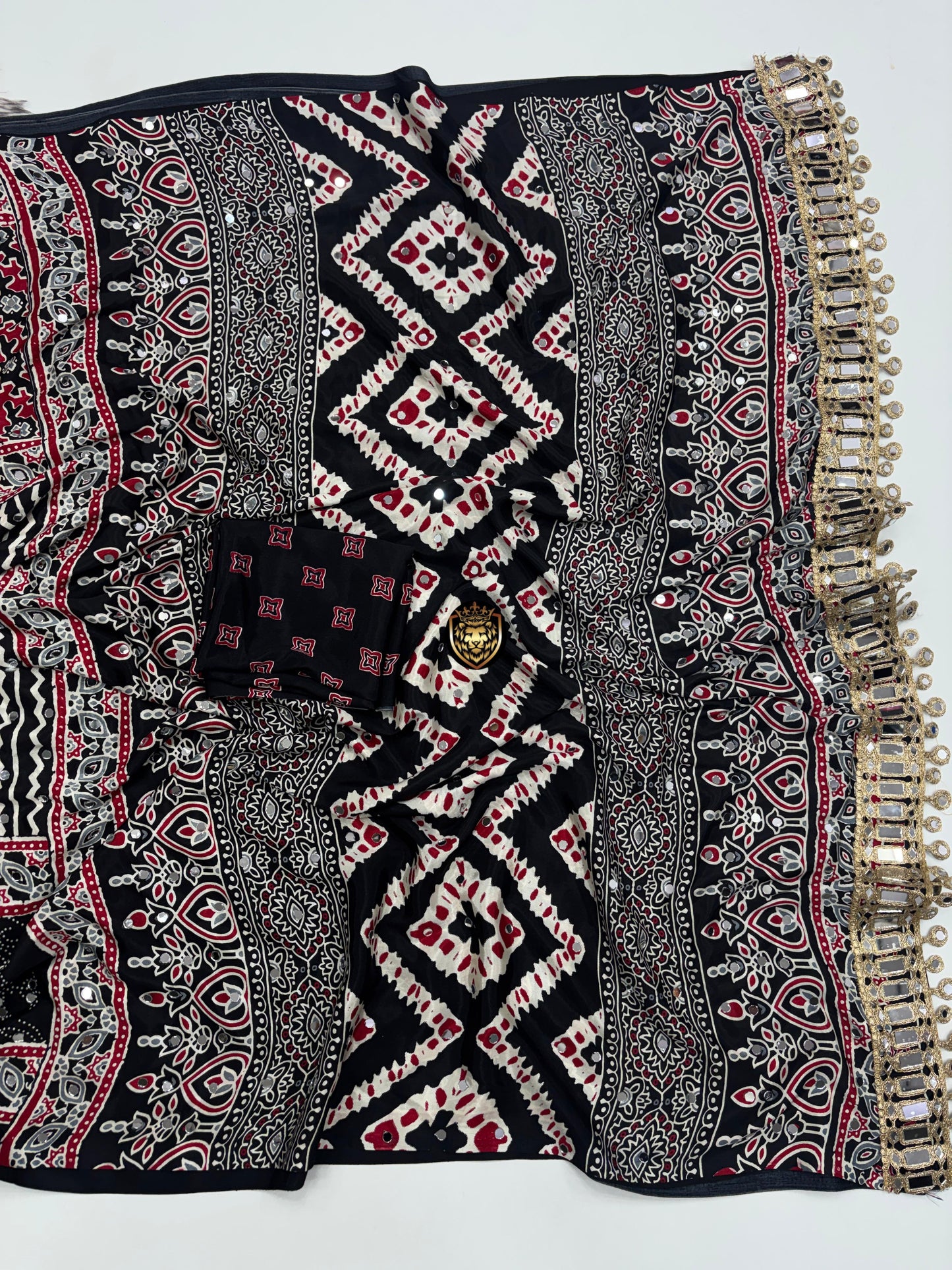 Ajrakh Crepe Silk Real Mirror Work Saree – 99 AED