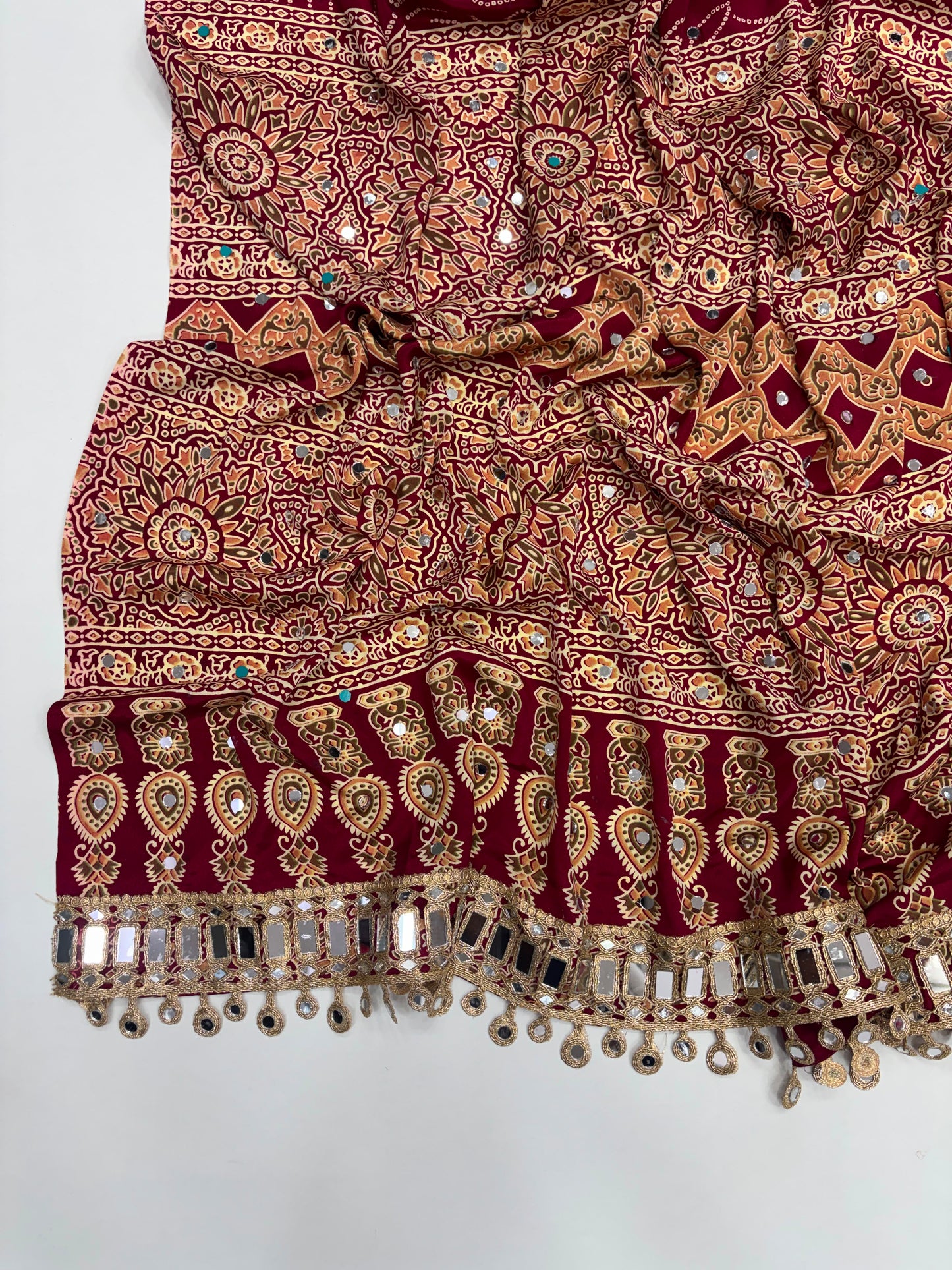 Ajrakh Crepe Silk Real Mirror Work Saree – 99 AED