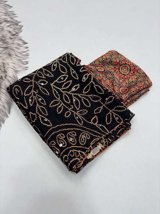 Ajrakh Crepe Silk Real Mirror Work Saree – 99 AED