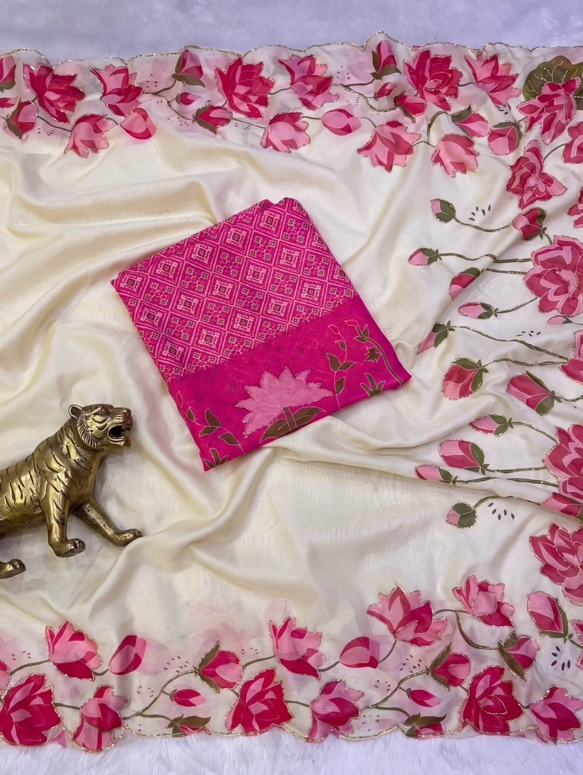 Soft Tabby Organza Silk Saree with Cut Bead Work & Scalloped Borders