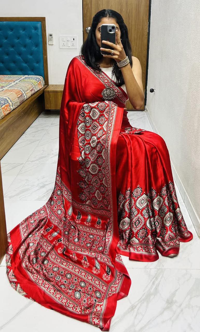 Semi modal silk Ajrakh saree