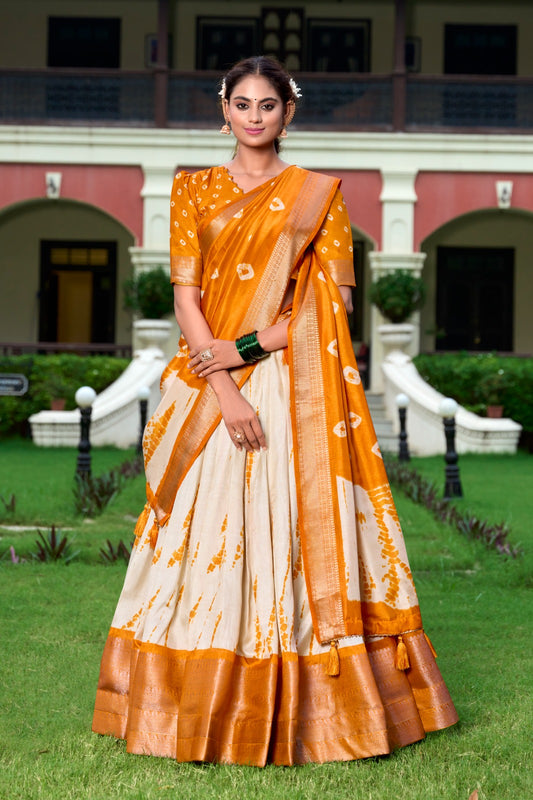 RAASHI Collection – Shibori Print Dola Silk Lehenga Choli Set MUSTARD