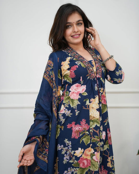 Jaipur Cotton Floral Readymade Three Piece Suits Blue