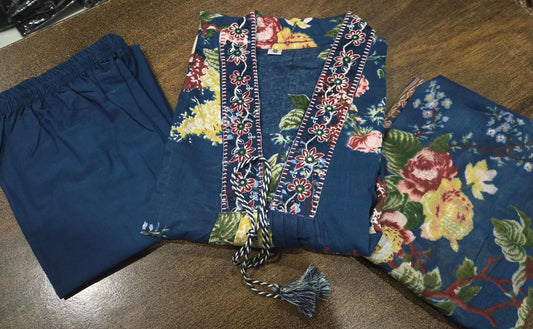 Jaipur Cotton Floral Readymade Three Piece Suits Blue
